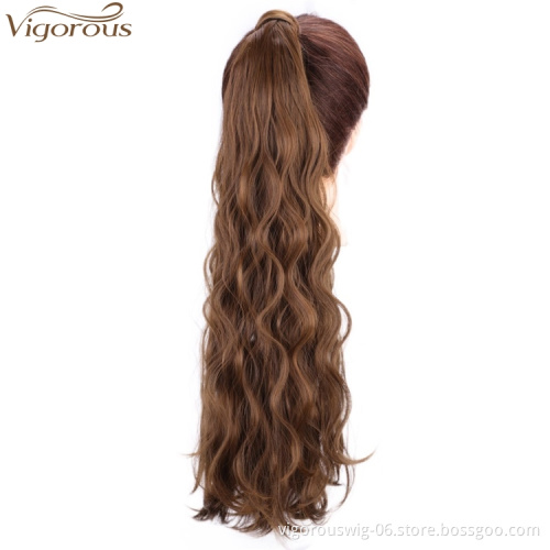 Vigorous 24 Inch Long Wavy Ponytail Extensions Synthetic Mixed Brown Wrap Around Ponytail Clip in on Hairpiece for Women Party